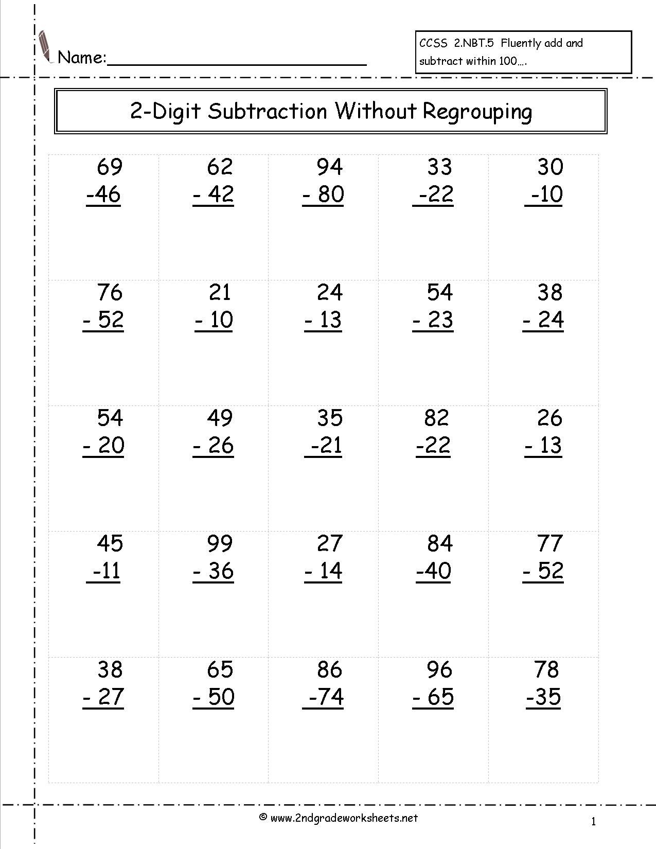 Two Digit Subtraction Without Regrouping Worksheet | 2Nd Grade - Free Printable Subtraction Worksheets For 2Nd Grade