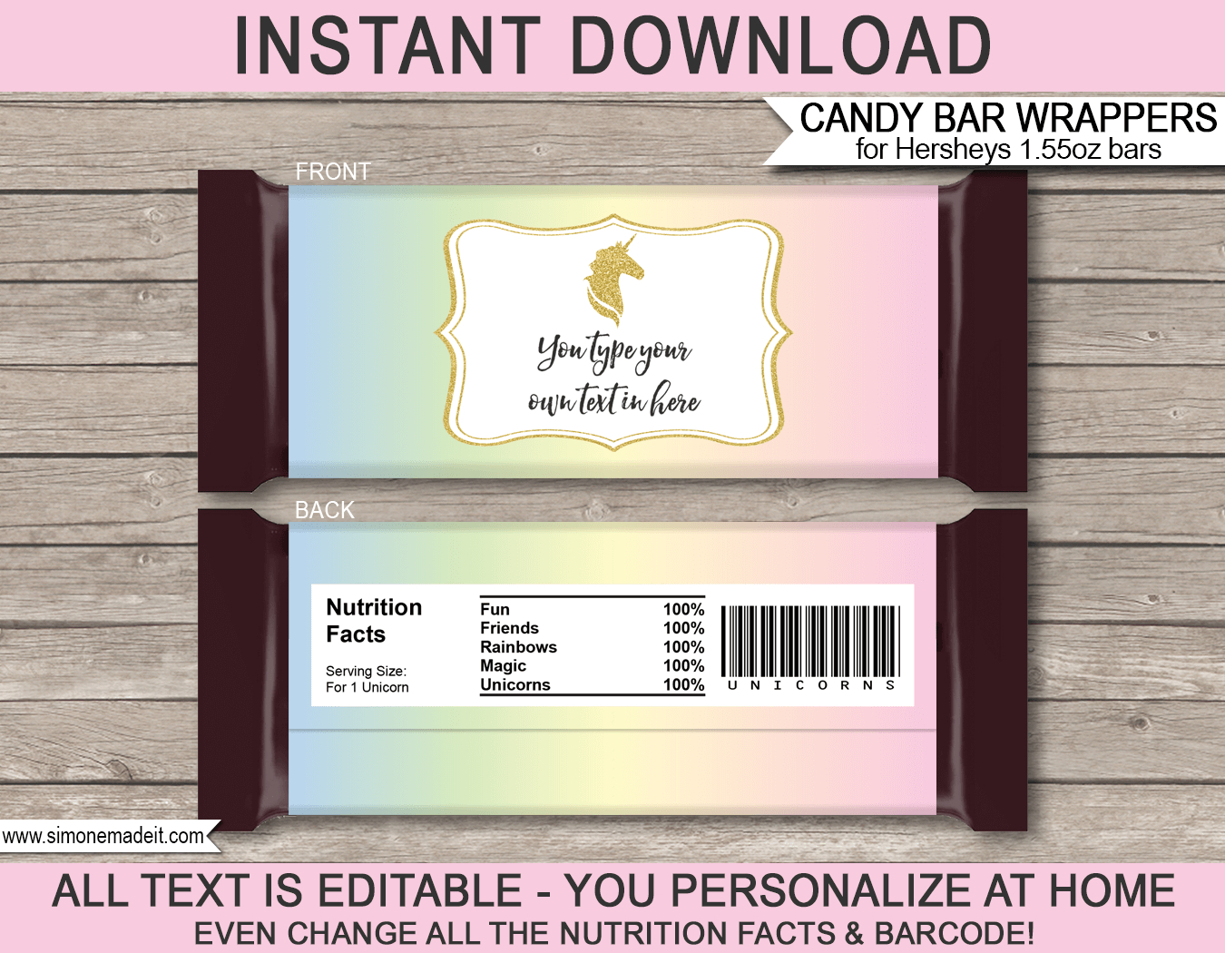 Unicorn Candy Bar Wrappers Template - Free Printable Chocolate Wrappers