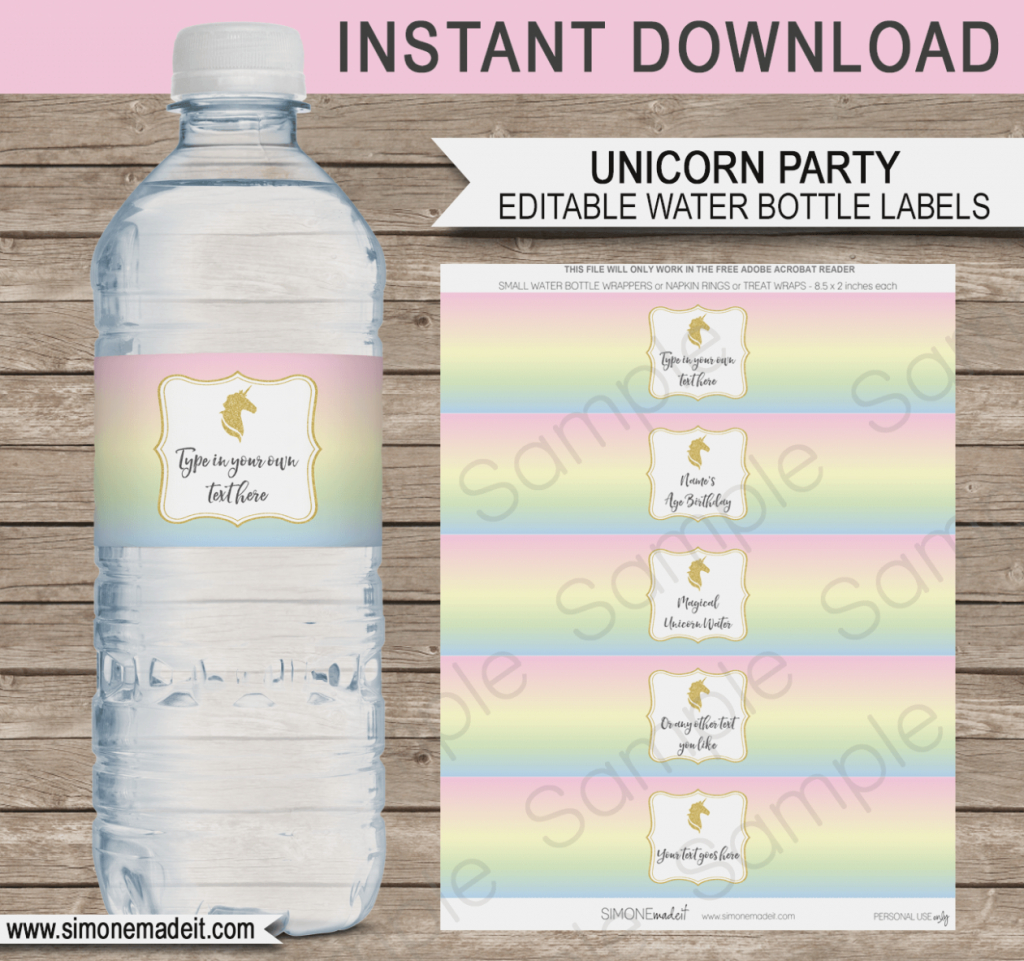 Unicorn Water Bottle Labels | Unicorn Theme Birthday Party – Free - Free Printable Water Bottle Labels For Birthday