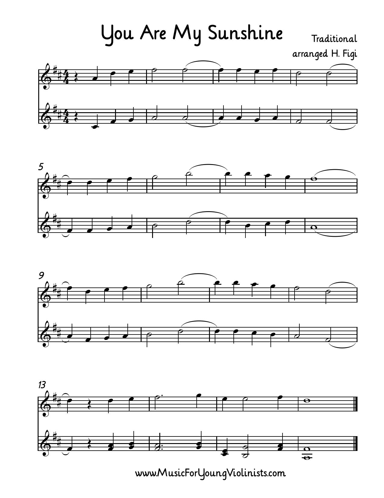 Violin Sheet Music: You Are My Sunshine Arranged For 2 Violins - Free Printable Piano Sheet Music For You Are My Sunshine