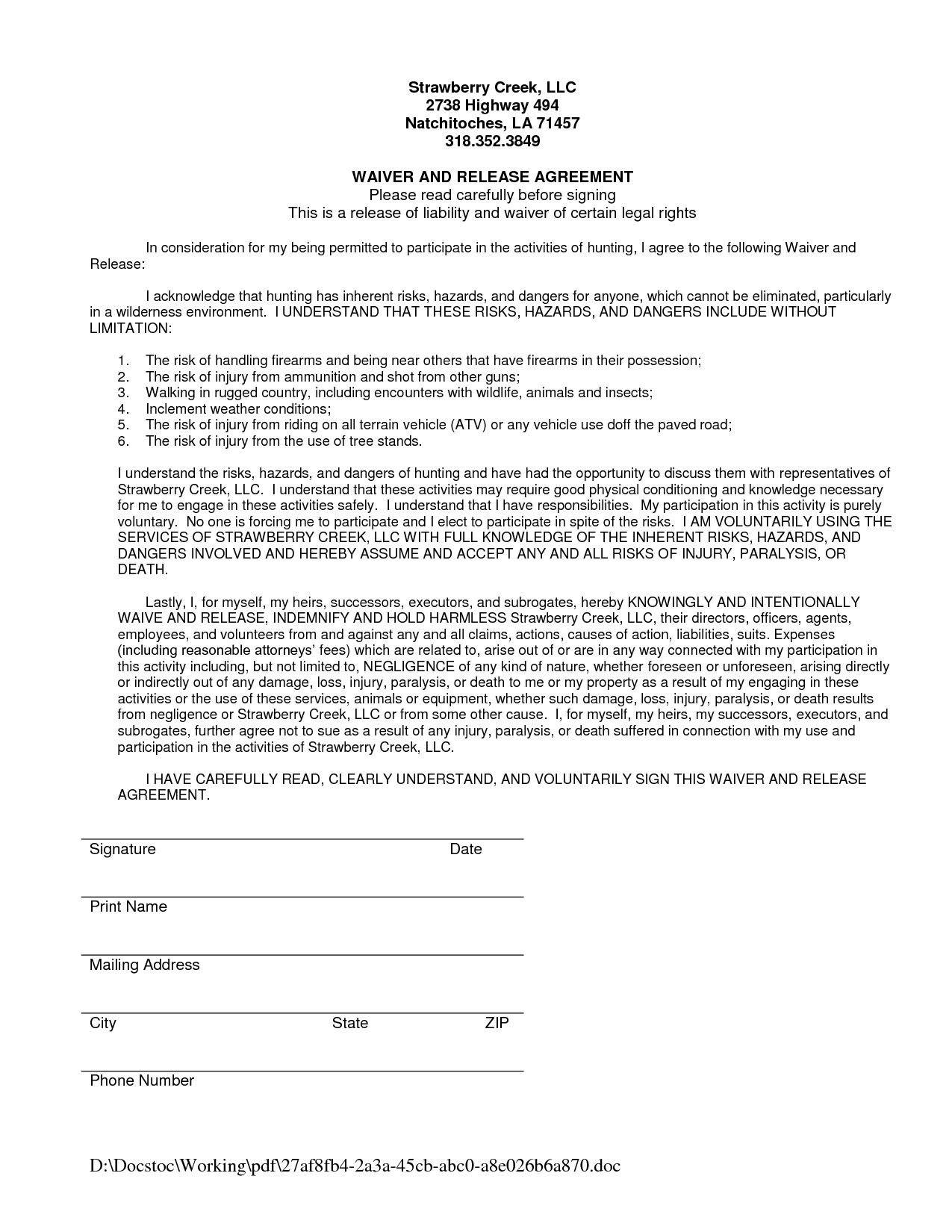 Waiver Of Liability Sample - Free Printable Documents | Waiver - Free Printable Documents