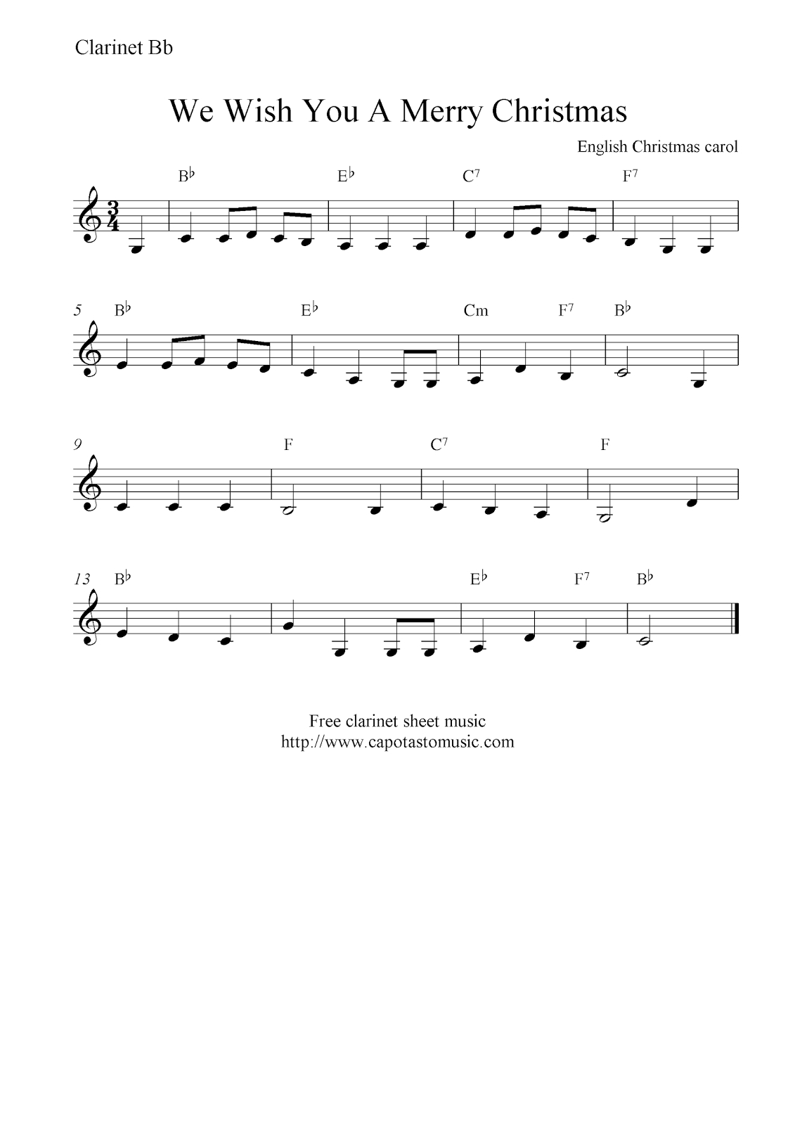 We Wish You A Merry Christmas, Free Christmas Clarinet Sheet Music Notes - Free Printable Christmas Sheet Music For Clarinet