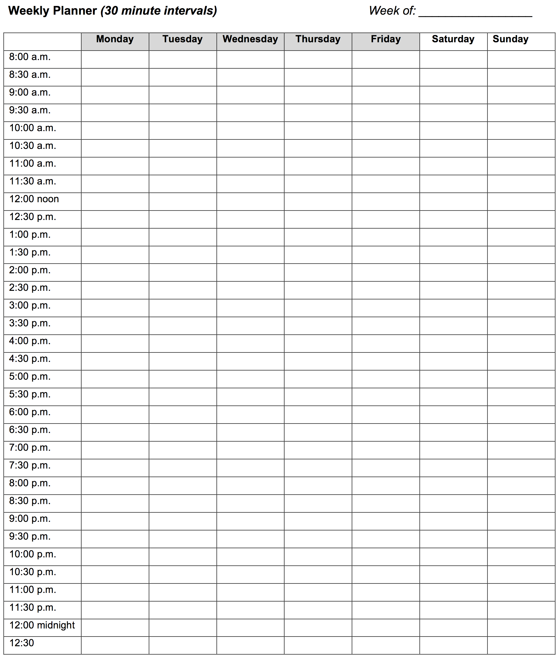 Weekly Planner: 30 Minute Intervals - Learning Center - Free Printable Daily Planner 15 Minute Intervals