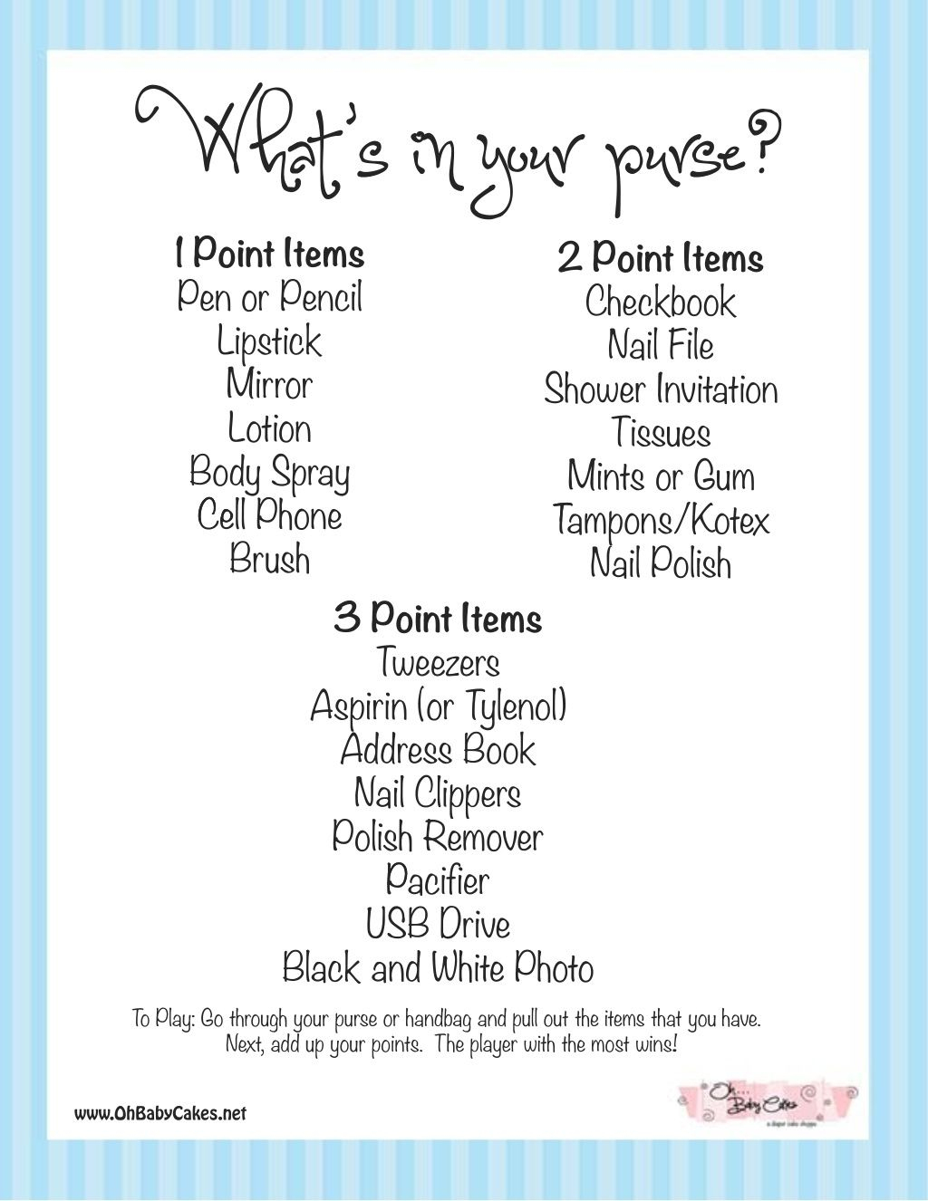 Whats-In-Your-Purse-Baby-Shower-Game-Blueww.ohbabycakes Via - Free Printable Baby Shower Game What&amp;#039;s In Your Purse