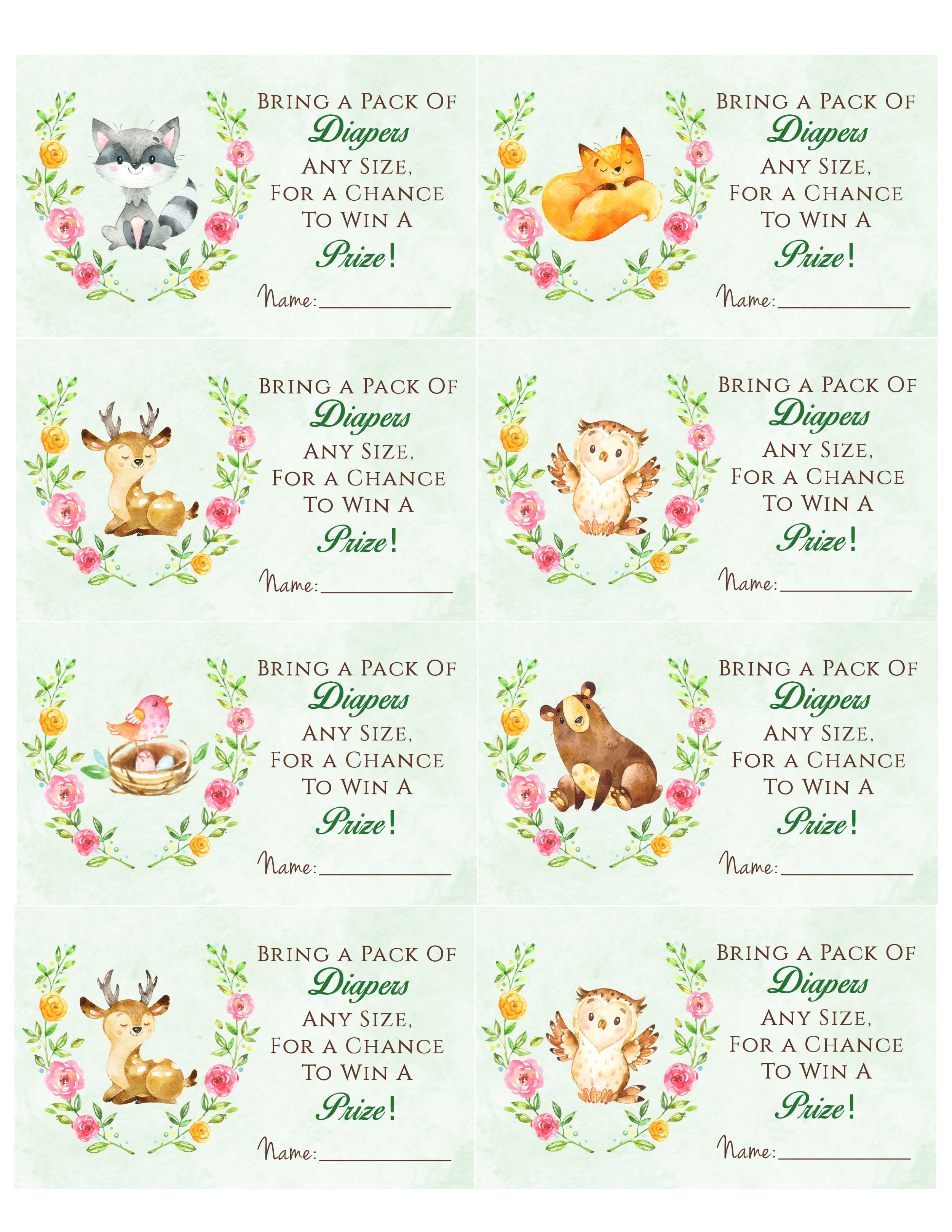 Woodland Animal Baby Shower Diaper Raffle. Free Printable | Birthday - Free Printable Diaper Baby Shower Invitations