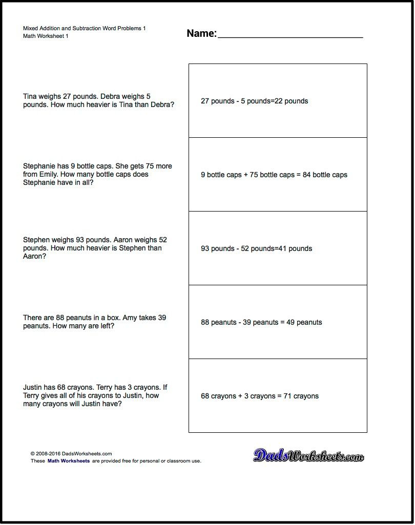 Word Problems For Mixed Addition And Subtraction Word Problems 1 - Free Printable Mixed Addition And Subtraction Worksheets