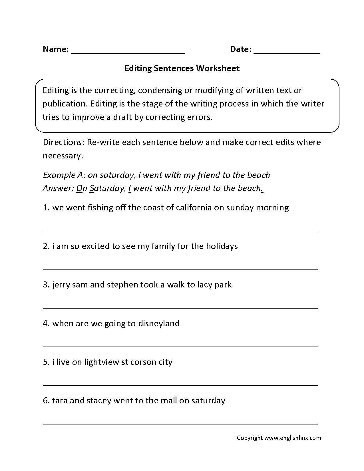 Writing Worksheets | Editing Worksheets - Free Printable Sentence Correction Worksheets