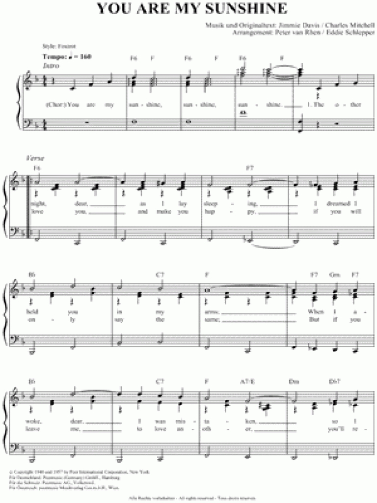 You Are My Sunshine&amp;quot; Sheet Music - 27 Arrangements Available - Free Printable Piano Sheet Music For You Are My Sunshine