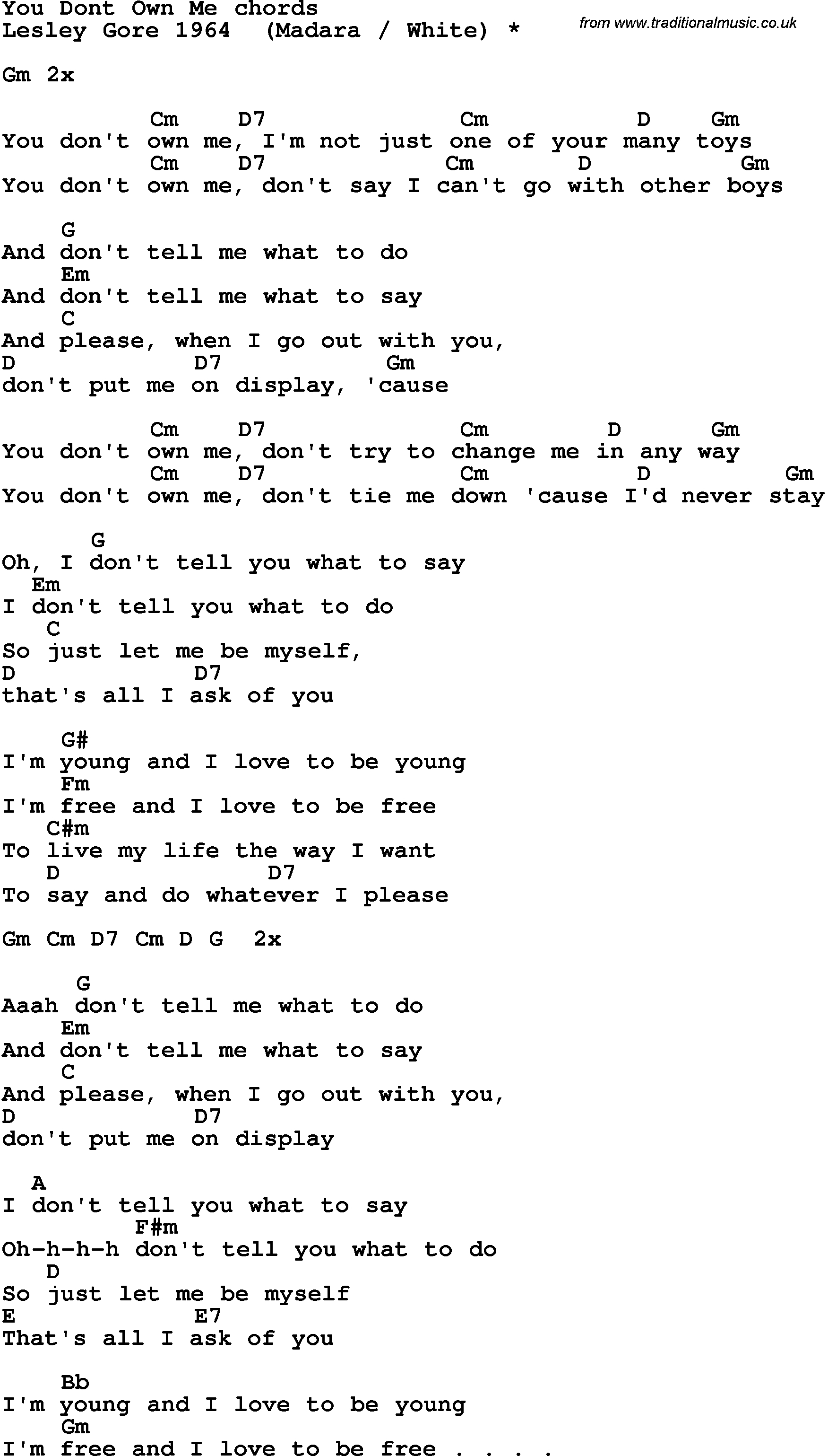 You Don&amp;#039;t Own Me | Song Lyrics With Guitar Chords For You Don&amp;#039;t Own - Free Printable Song Lyrics With Guitar Chords