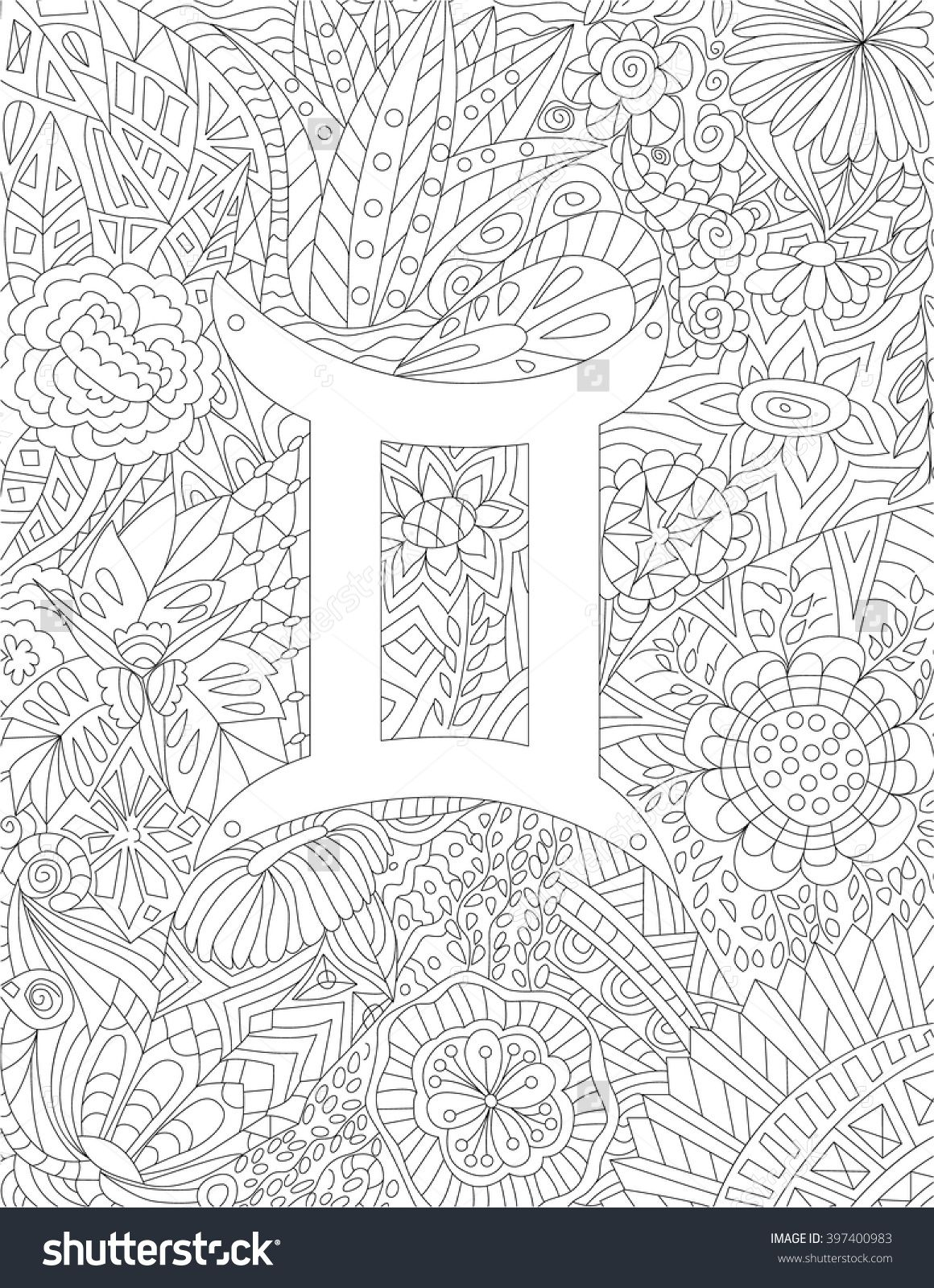 Zodiac Sign Gemini Floral Geometric Doodle Pattern Coloring Page - Free Printable Doodle Patterns